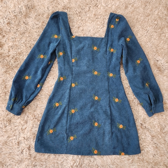 Cider Blue Corduroy Embroidered Floral Long Sleeve Mini Dress Women's Size Small - Picture 7 of 10